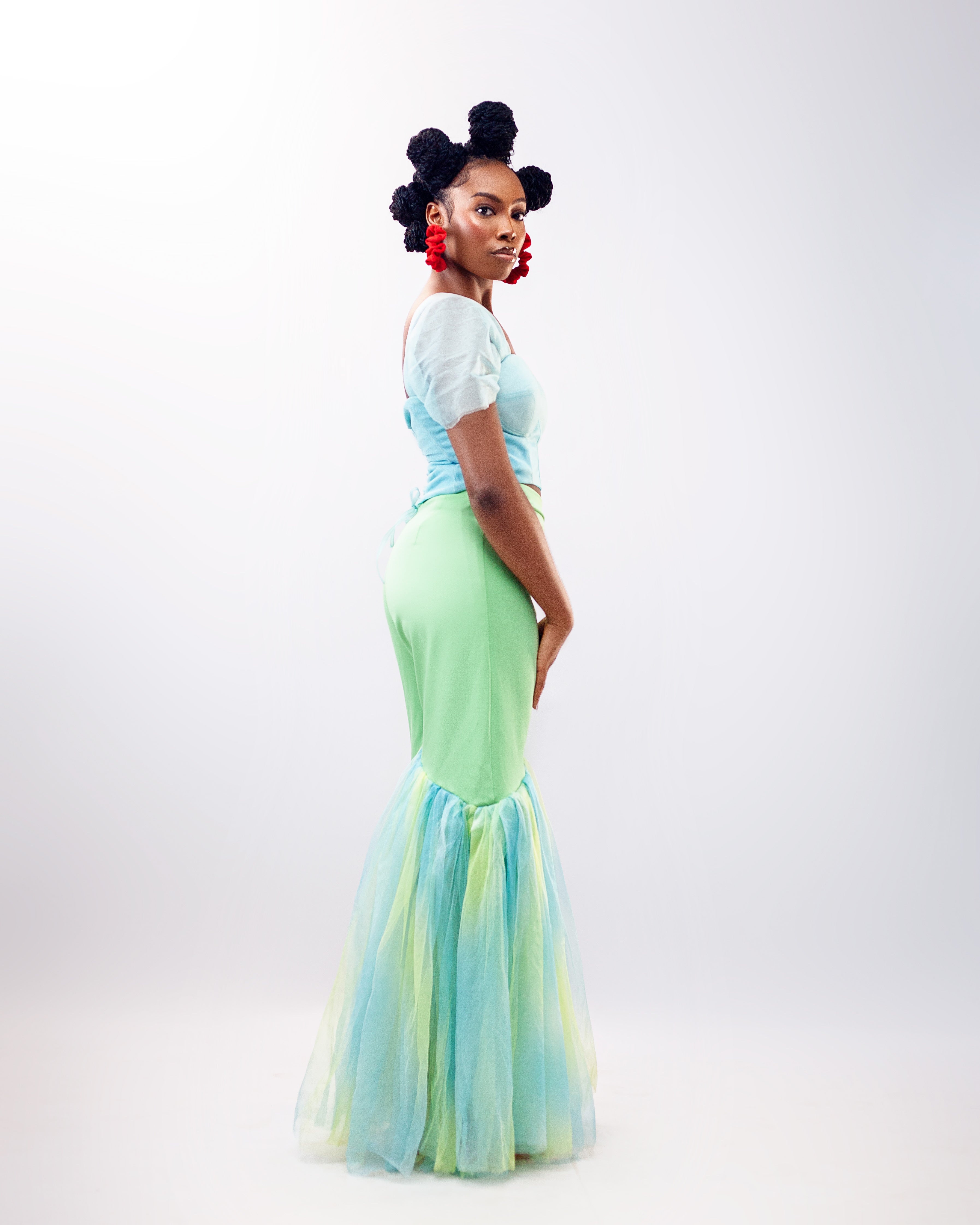 DIMAZ custom Aqua Bloom Tulle Pants, perfect for bold and feminine statement looks